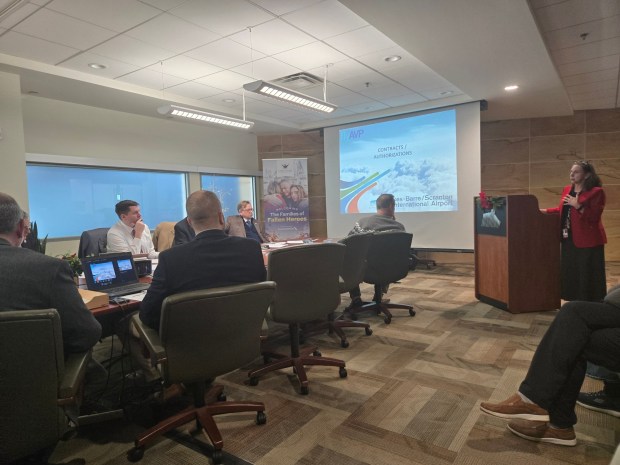 BJ Teichman, acting director of the Wilkes-Barre/Scranton International Airport, is discussing an agenda item at the bi-county airport board meeting at the airport in Pittston Twp. on Thursday, Dec. 18, 2025.(Michael P. Buffer / Staff Photographer)