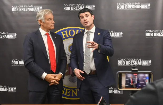 State Rep. Rob Bresnahan speaks with Administrator for the Centers for Medicare & Medicaid Services Dr. Mehmet Oz at the Geisinger Community Medical Center Professional Building in Scranton Friday, December 5, 2025. (SEAN MCKEAG / STAFF PHOTOGRAPHER)