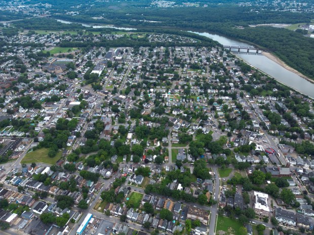 Wood Street, the leftmost street stretching to the horizon, and Academy St. the rightmost street stretching to the horizon, in Wilkes-Barre, on Wednesday, July 9, 2025. (JASON ARDAN / STAFF PHOTOGRAPHER)
