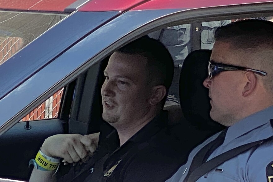 State Police Trooper Joseph Perechinsky, left, chats with the fellow state trooper who drove him home Aug. 12, 2025, after his release from Geisinger Community Medical Center in Scranton. Perechinsky and fellow Trooper William K. Jenkins III were injured when Carmen Faino shot them and his neighbor, Lori Wasko, on Aug. 7, 2025, near his Thompson Township, Susquehanna County home. Wasko died. Jenkins survived and was released from Geisinger Wyoming Medical Center. Police shot and killed Faino.