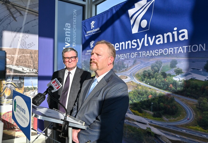 Harold Hill, Assistant District 4 Executive with the Pennsylvania Department of Transportation, discusses 2025 progress on PennDOT projects alongside state Secretary of Transportation Mike Carroll during a press conference Tuesday, Dec. 16, 2025 at District 4 headquarters in Dunmore.