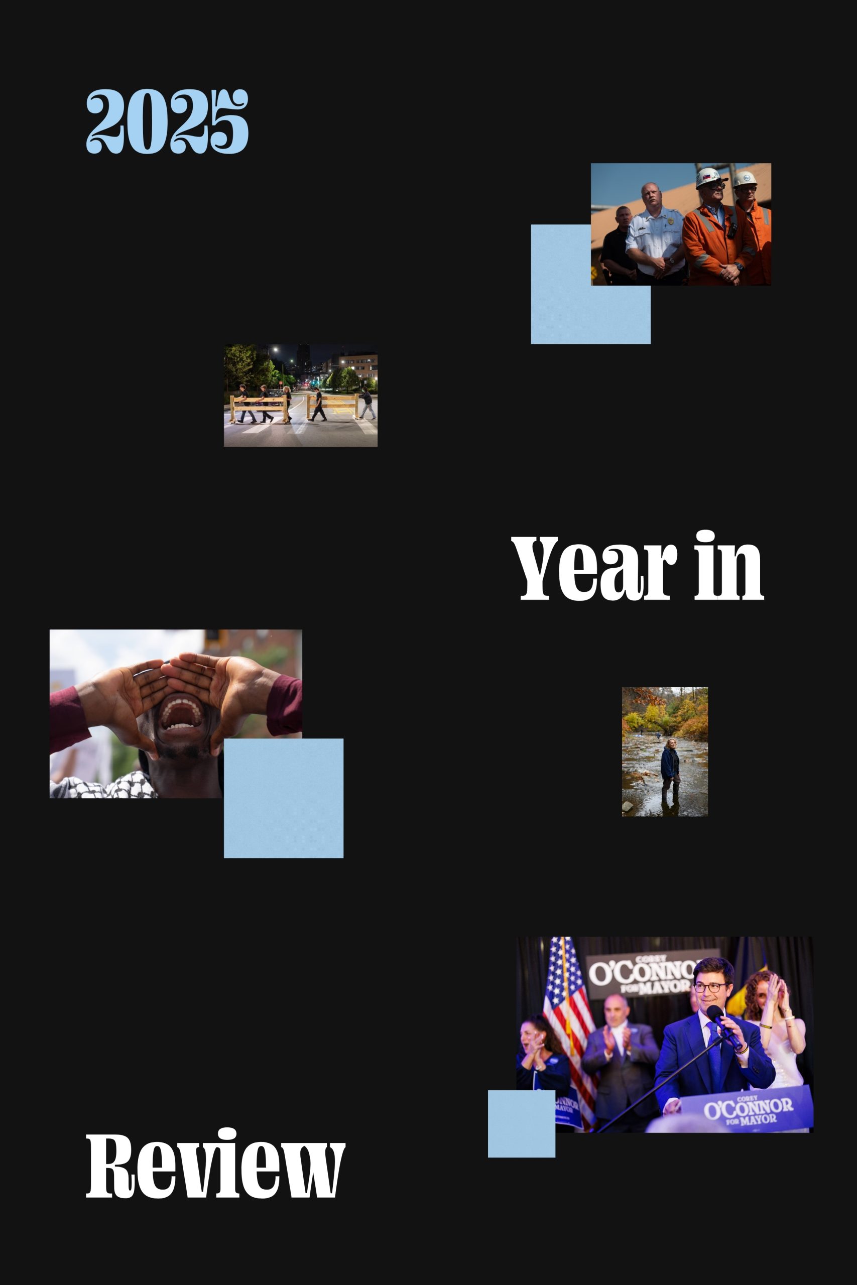 A black background with "2025 Year in Review" written in large text, featuring three small photos of people: a group with hands over faces, a speaker at a podium, and two people posing together.