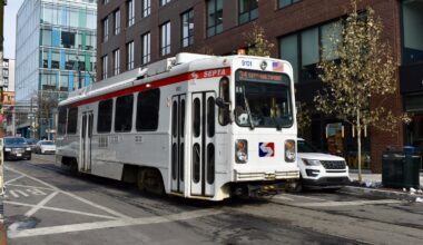 A SEPTA trolley travels along 40th Street in West Philadelphia on Wednesday, Dec. 17, 2025.