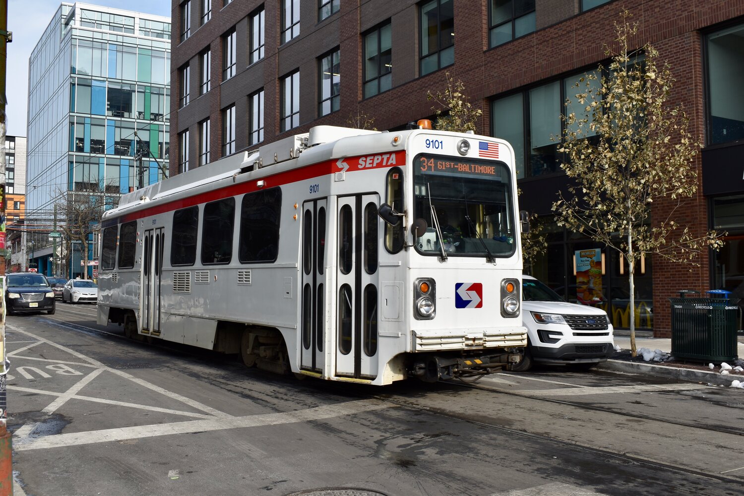A SEPTA trolley travels along 40th Street in West Philadelphia on Wednesday, Dec. 17, 2025.