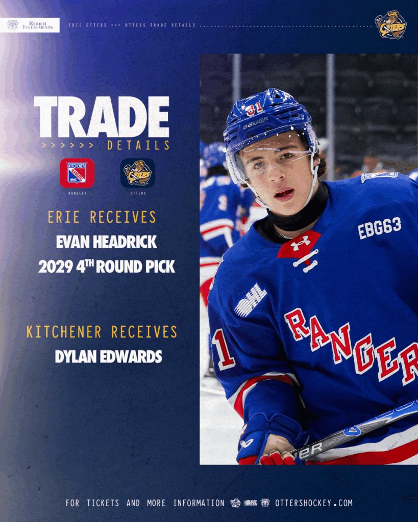RELEASE: Erie Otters Trade Dylan Edwards to Kitchener for Evan Headrick, Pick
