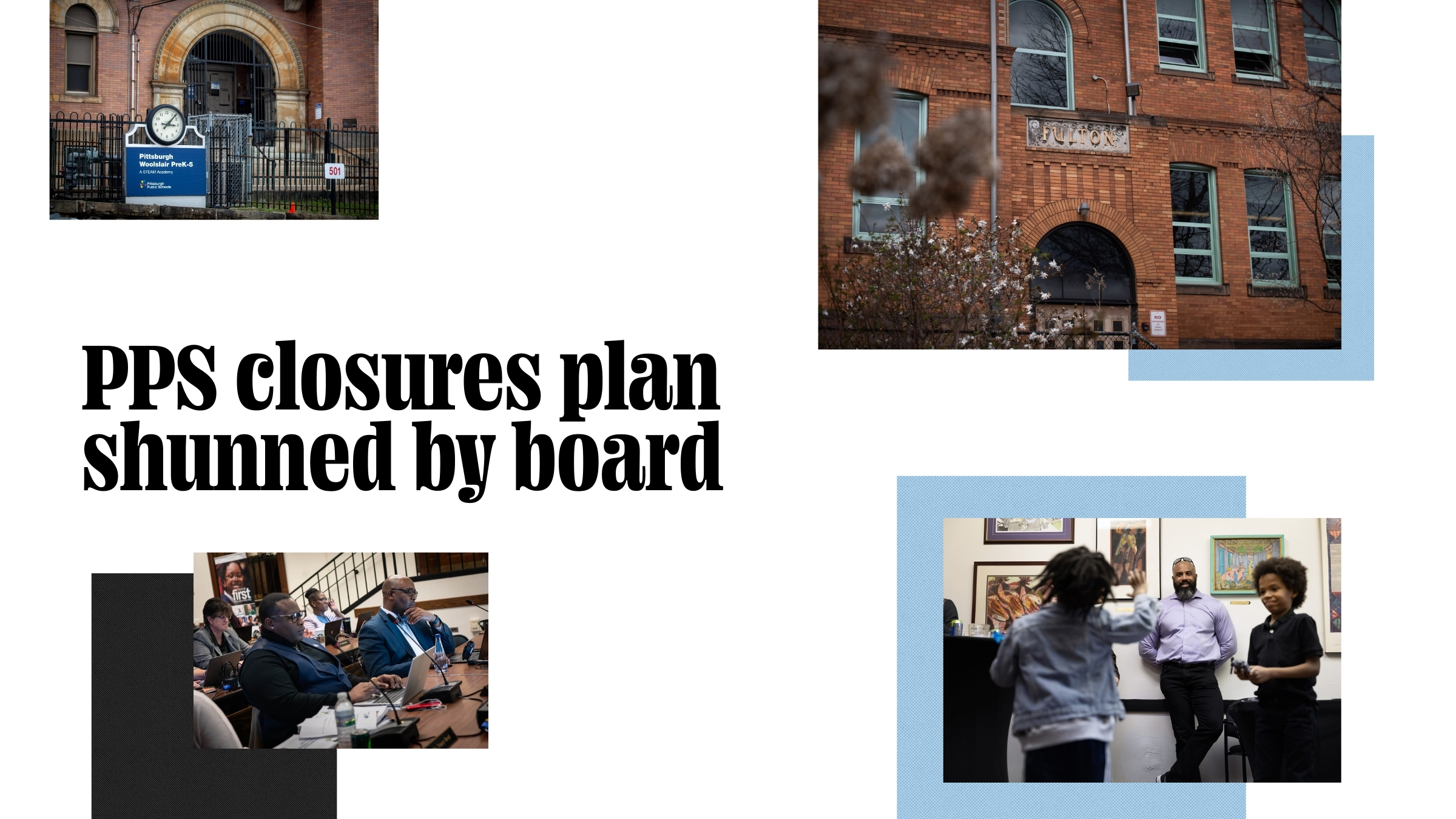 Collage showing school buildings, a meeting, and students; headline reads “PPS closures plan shunned by board.”.