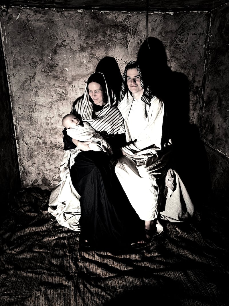 Volunteers portray Mary, Joseph and baby Jesus in the Bethlehem Walk of Escondido, which ran Dec. 12-14, 2025, at the Escondido California Stake Center.