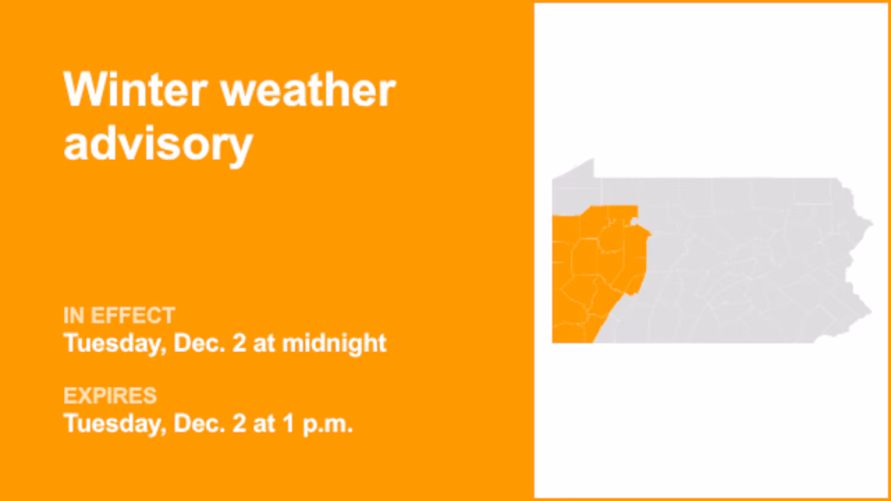 Winter weather advisory for part of Pennsylvania for Tuesday – potentially 5 inches of snow