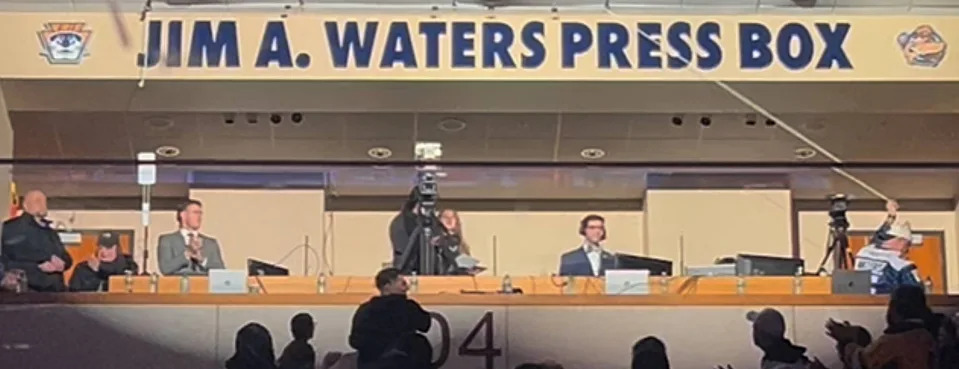 The Erie Otters unveiled Erie Insurance Arena's Jim A. Waters Press Box before their Dec. 13 Ontario Hockey League game against North Bay. Waters, who died Dec. 13, 2024, owned the team for 10 years.