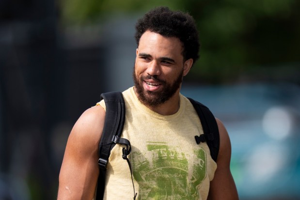 Kylen Granson arrives at the Linc ahead of the Los Angeles Rams game on Sept. 21. When he was young, his school work was suffering due to video games and his parents put their foot down, saying he can play video games every day for the same time that he reads. (AP Photo/Chris Szagola)