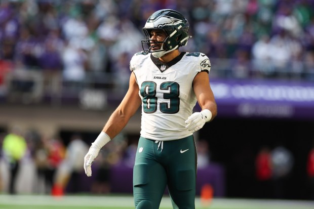 Philadelphia Eagles tight end Kylen Granson on the field against the Minnesota Vikings on Oct. 19 in Minneapolis. (AP Photo/Stacy Bengs)
