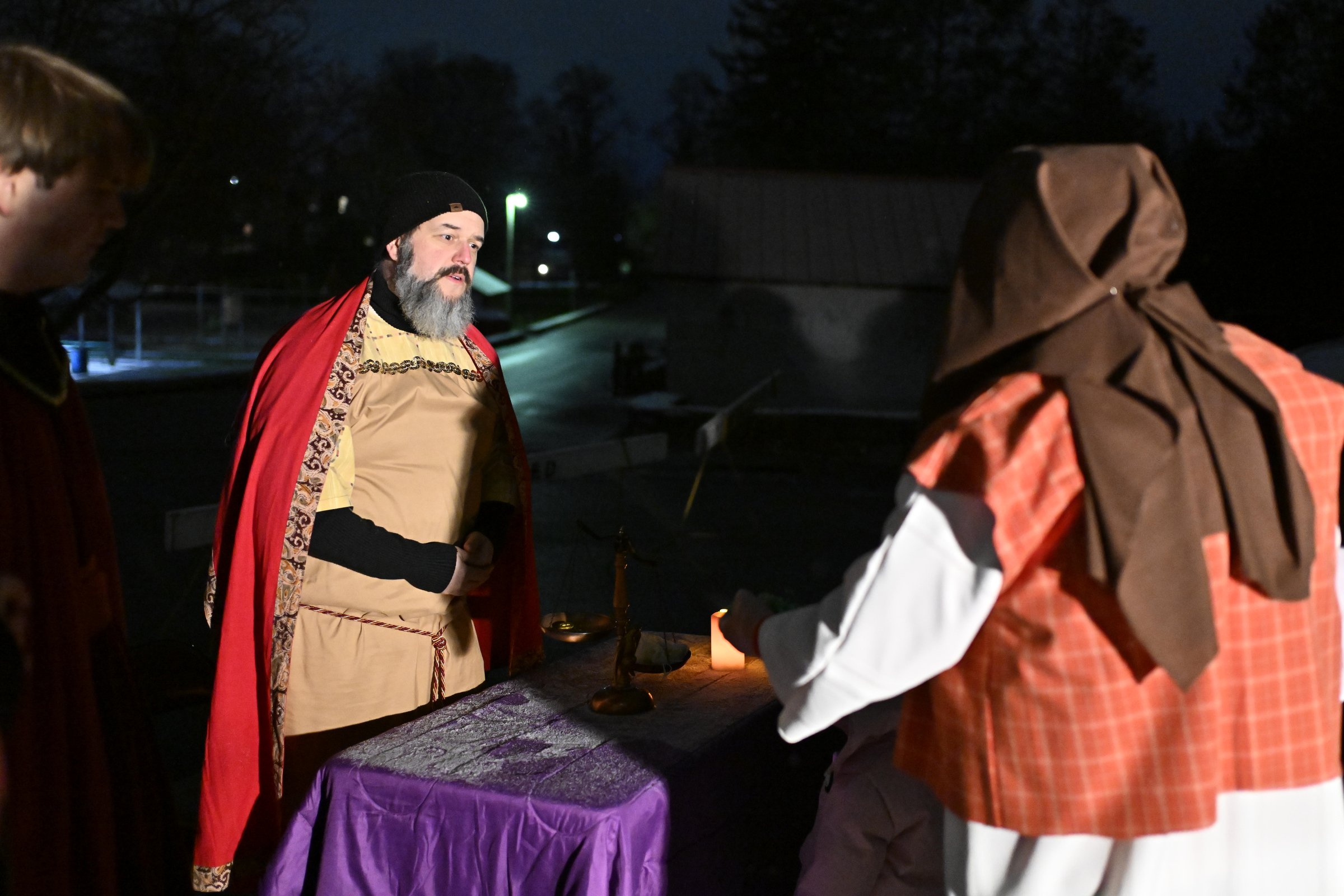 Chris Schryer plays the tax collector during "A Night in Bethlehem" at Westminster United Methodist Church. (Thomas Walker/Freelance)