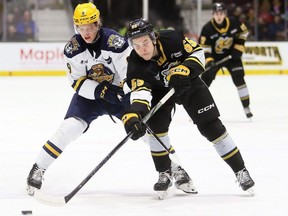 Sarnia Sting's Matthew Manza (55) battles Erie Otters' Callum Hughes (9) at Progressive Auto Sales Arena in Sarnia, Ont., on Wednesday, March 12, 2025. Mark Malone/Chatham Daily News/Postmedia Network