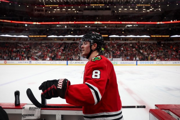 Chicago Blackhawks center Ryan Donato (8) walks to the locker room after warm-ups before playing the Philadelphia Flyers at the United Center Tuesday Dec. 23, 2025 in Chicago. (Armando L. Sanchez/Chicago Tribune)