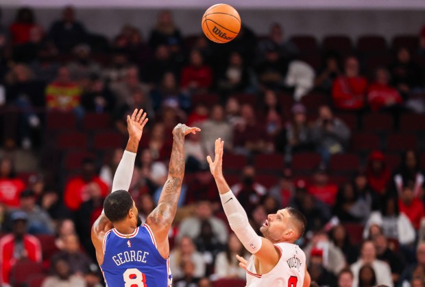 Philadelphia 76ers forward Paul George (8) shoots the ball and misses in the first quarter during a game against the Bulls, Friday, Dec. 26, 2025, at the United Center in Chicago. (Dominic Di Palermo/Chicago Tribune)