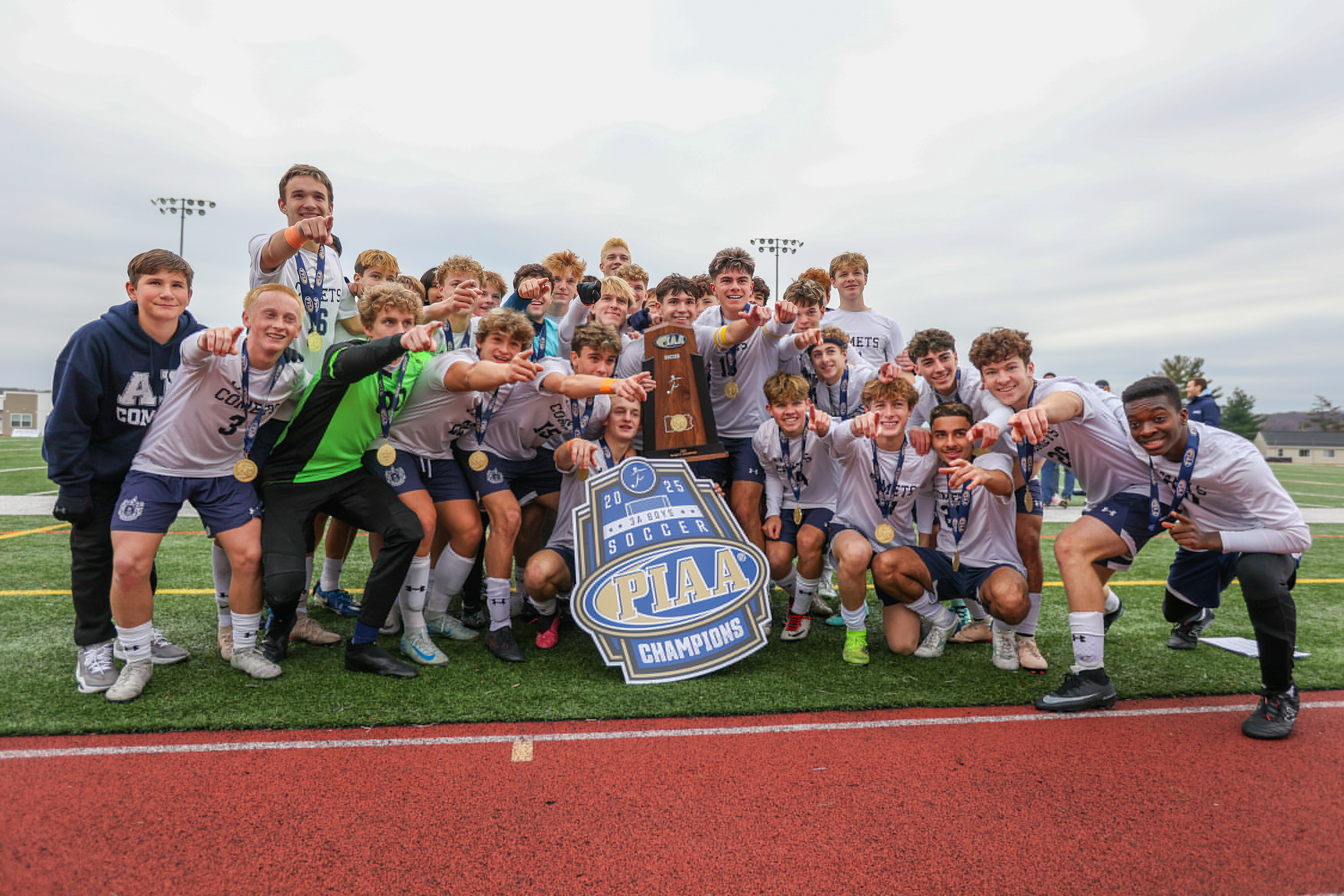Abington Heights celebrates after winning the PIAA Class 3A championship...