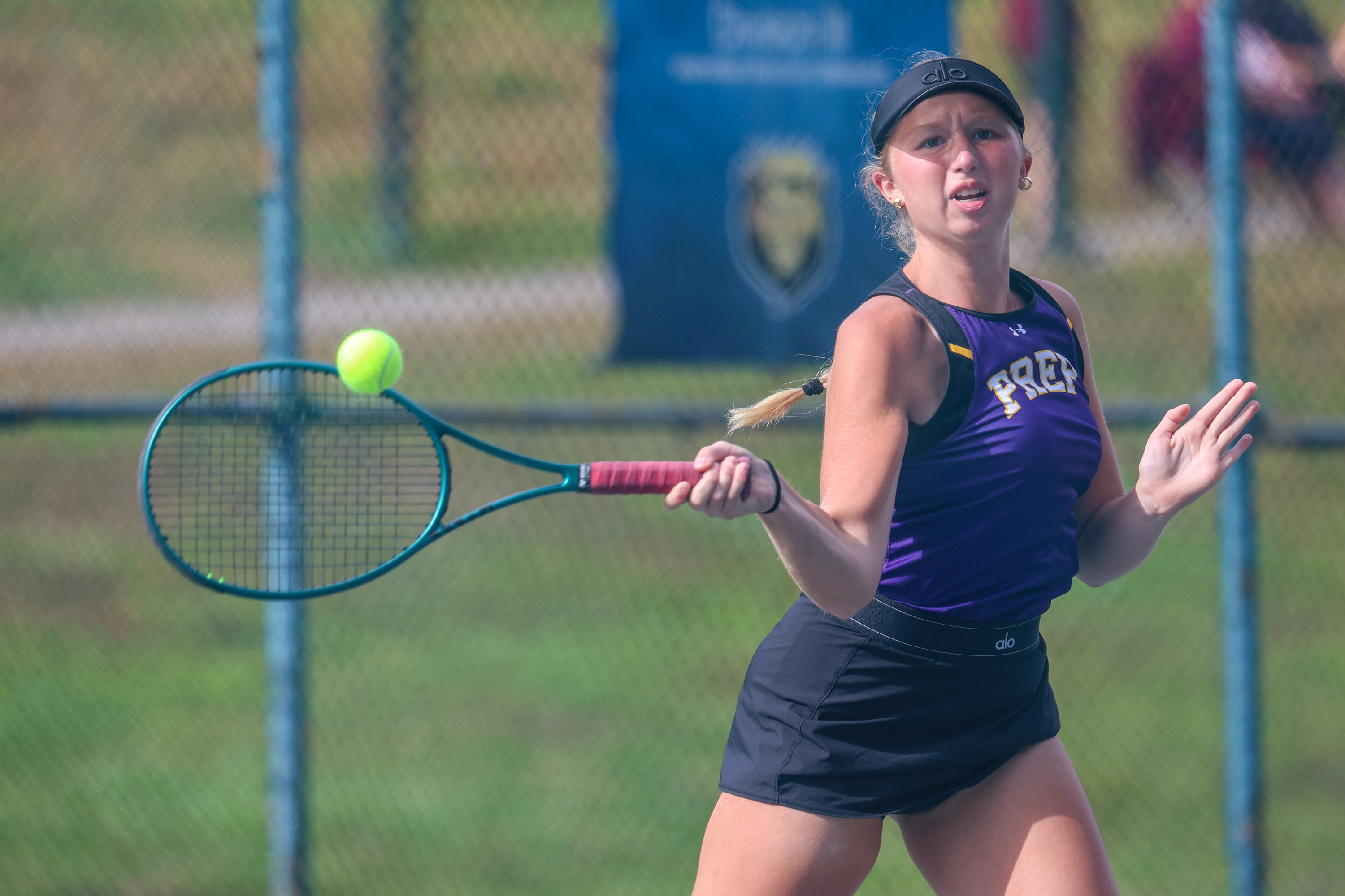 Scranton Prep’s Lily Lengyel hits a forehand during the PIAA...
