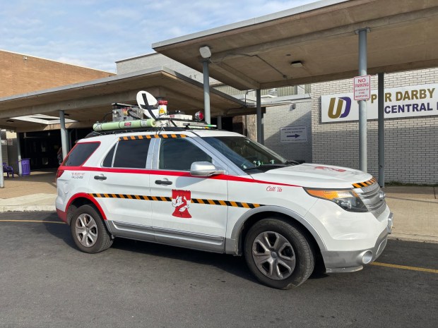 The Philadelphia Ghostbuster car was parked outside Upper Darby High School Saturday during the Winter-Fest and Winter-Con. (KATHLEEN E. CAREY - DAILY TIMES)
