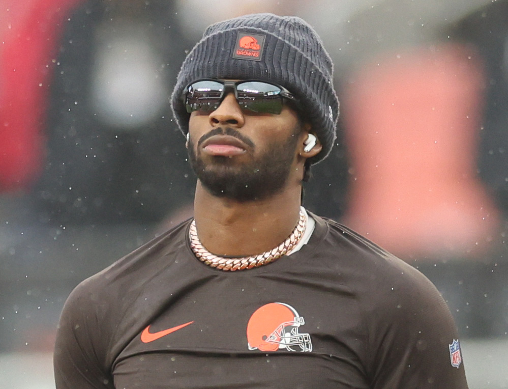 Cleveland Browns quarterback Shedeur Sanders during warm ups before their game against the Pittsburgh Steelers.