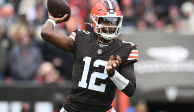 CLEVELAND, OHIO - NOVEMBER 30: Shedeur Sanders #12 of the Cleveland Browns passes the ball against the San Francisco 49ers during the first quarter at Huntington Bank Field on November 30, 2025 in Cleveland, Ohio. (Photo by Nick Cammett/Getty Images)