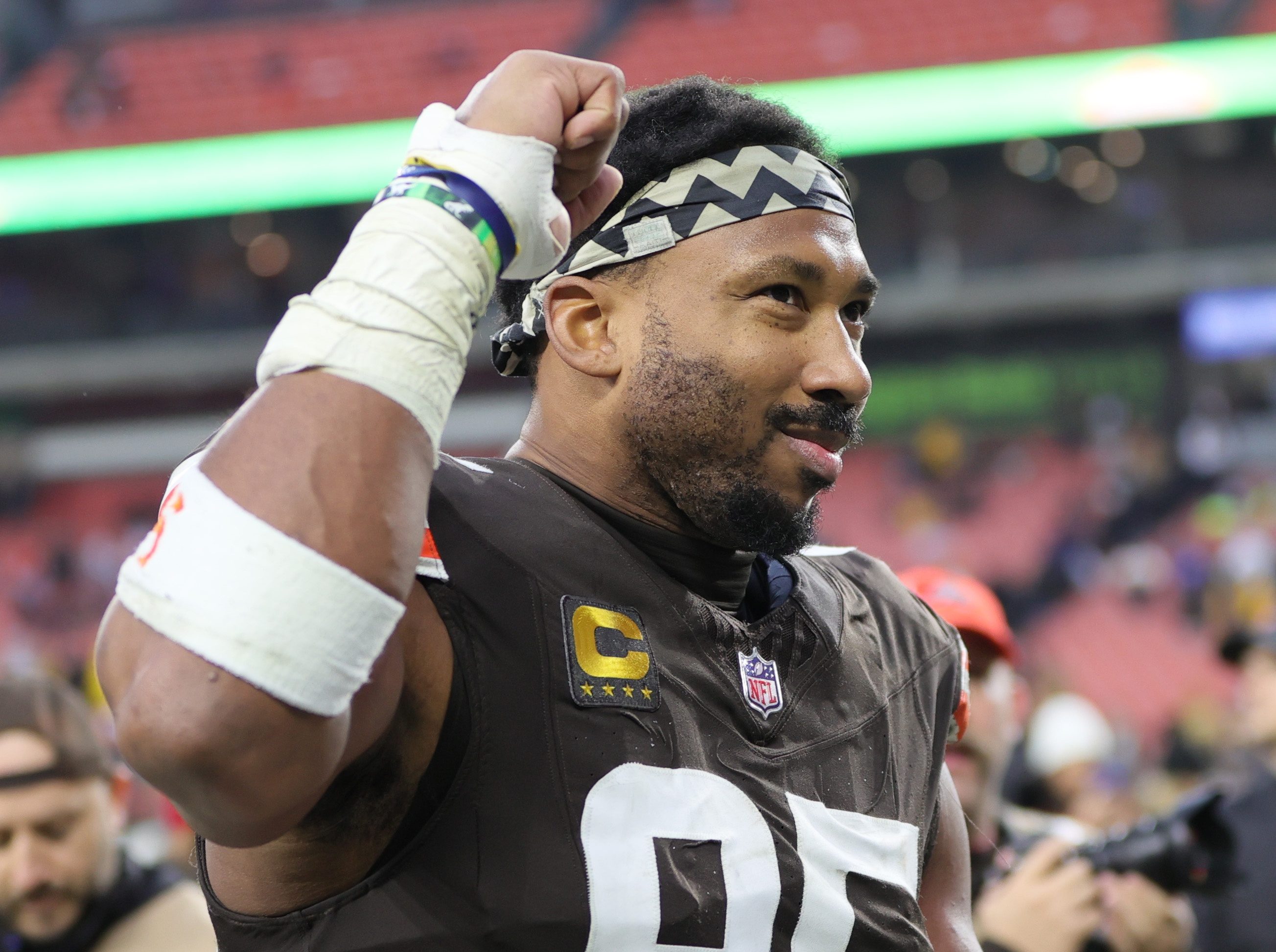 Cleveland Browns defensive end Myles Garrett pumps up the fans as he exits the field after the Browns defeated the Pittsburgh Steelers. 