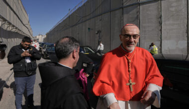 Latin Patriarch Pierbattista Pizzaballa, the top Catholic clergyman in the Holy Land, is received b...