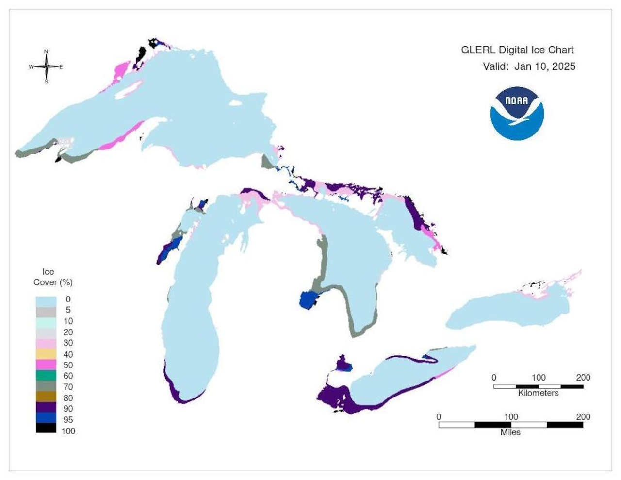 Great Lakes map showing ice formation on Jan. 10, 2025