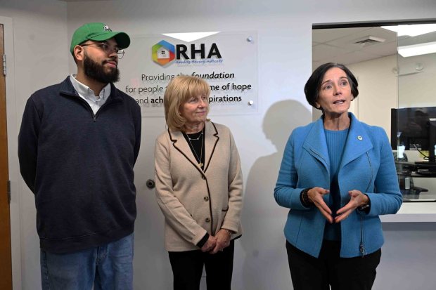 State Department of Human Services Secretary Dr. Val Arkoosh, right, talks about the importance of child care and early childhood education at the Patton Avenue Learning Center in Oakbrook on Thursday, Dec. 11, 2025. With her, from left, are state Rep. Manny Guzman and state Sen. Judy Schwank. (BILL UHRICH/READING EAGLE)
