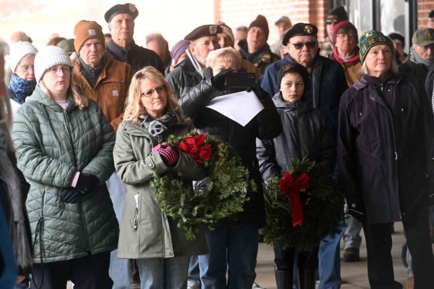 Participants gather during a Wreaths Across America ceremony at Gethsemane Cemetery in Muhlenberg Township on Saturday, Dec. 13, 2025. (BILL UHRICH/READING EAGLE)