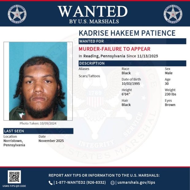 Kadrise Patience is wanted in a 2021 murder case in Reading. (Courtesy of U.S. Marshals Service)