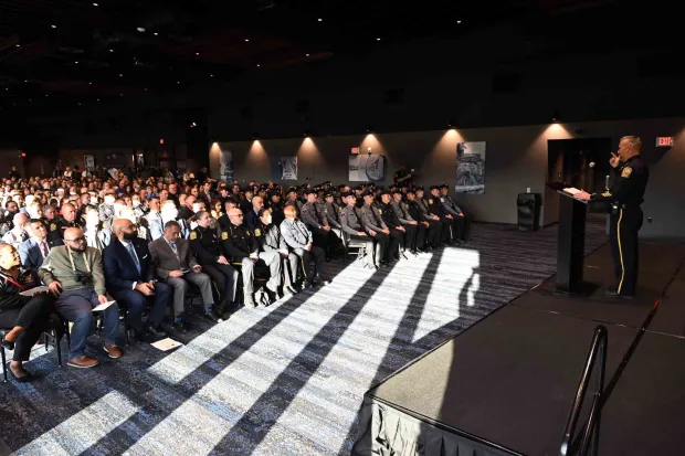 Lt. Melville K. Fegely, assistant training director, welcomes cadets and guests during ceremonies for the Reading Police Academy's second graduating class of 2025 at the Redner's Event Center in FirstEnergy Stadium on Monday, Dec. 22, 2025. (BILL UHRICH/READING EAGLE)