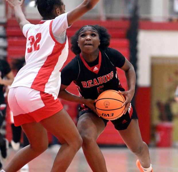 Reading High's Xiani Beatty goes for two of her 11 points against Wilson in a 54-44 Bulldog victory over the Red Knights on Thursday, Dec. 18, 2025, at West Lawn. (BILL UHRICH/READING EAGLE)