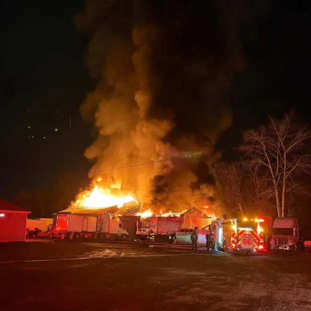 A truck-repair garage in the 4800 block of Commerce Street in Temple is destroyed in a two-alarm fire on Saturday, Dec. 20, 2025. (COURTESY OF MUHLENBERG TWP. FIRE & RESCUE)