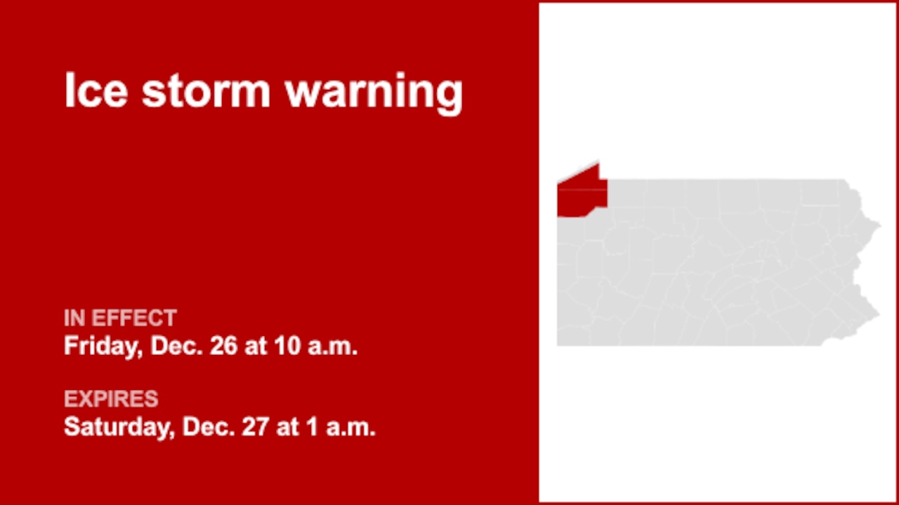 Southern Erie and Crawford County placed under an ice storm warning Friday and Saturday