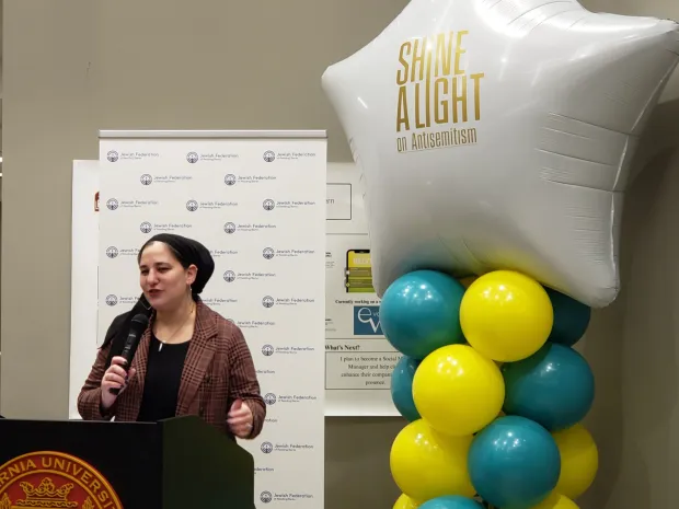 Rabba Rori Picker Neiss, senior vice president and rabbi in residence at the Jewish Council for Public Affairs, speaks at a reception following a ceremonial lighting of Reading's downtown menorah Tuesday. (MICHELLE LYNCH - READING EAGLE)