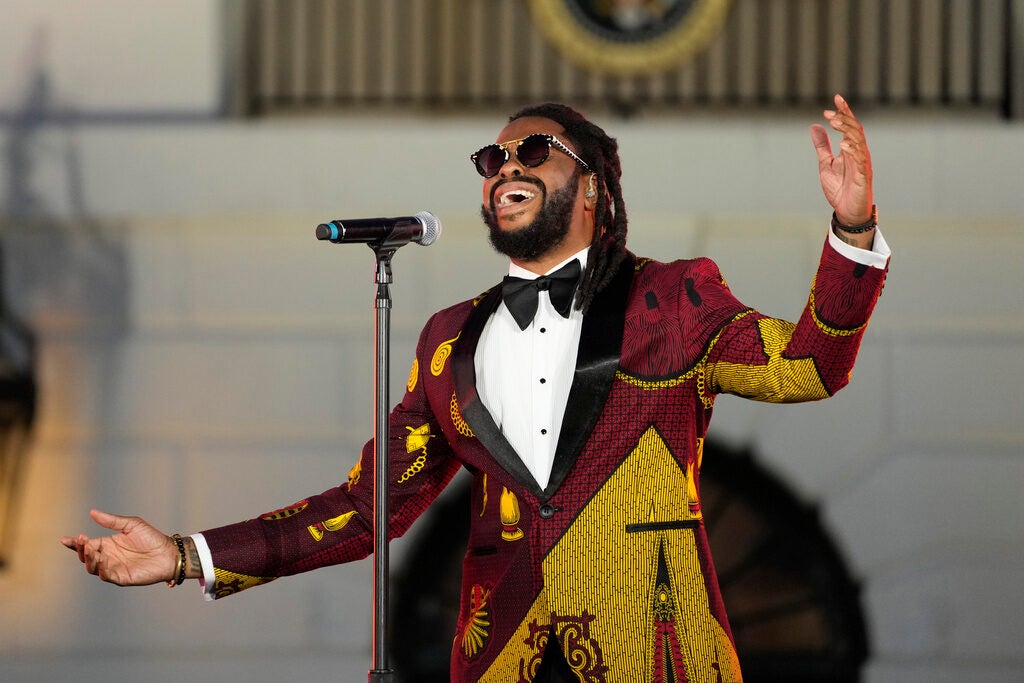 Singer and songwriter Raheem DeVaughn performs during a Juneteenth concert on the South Lawn of the White House