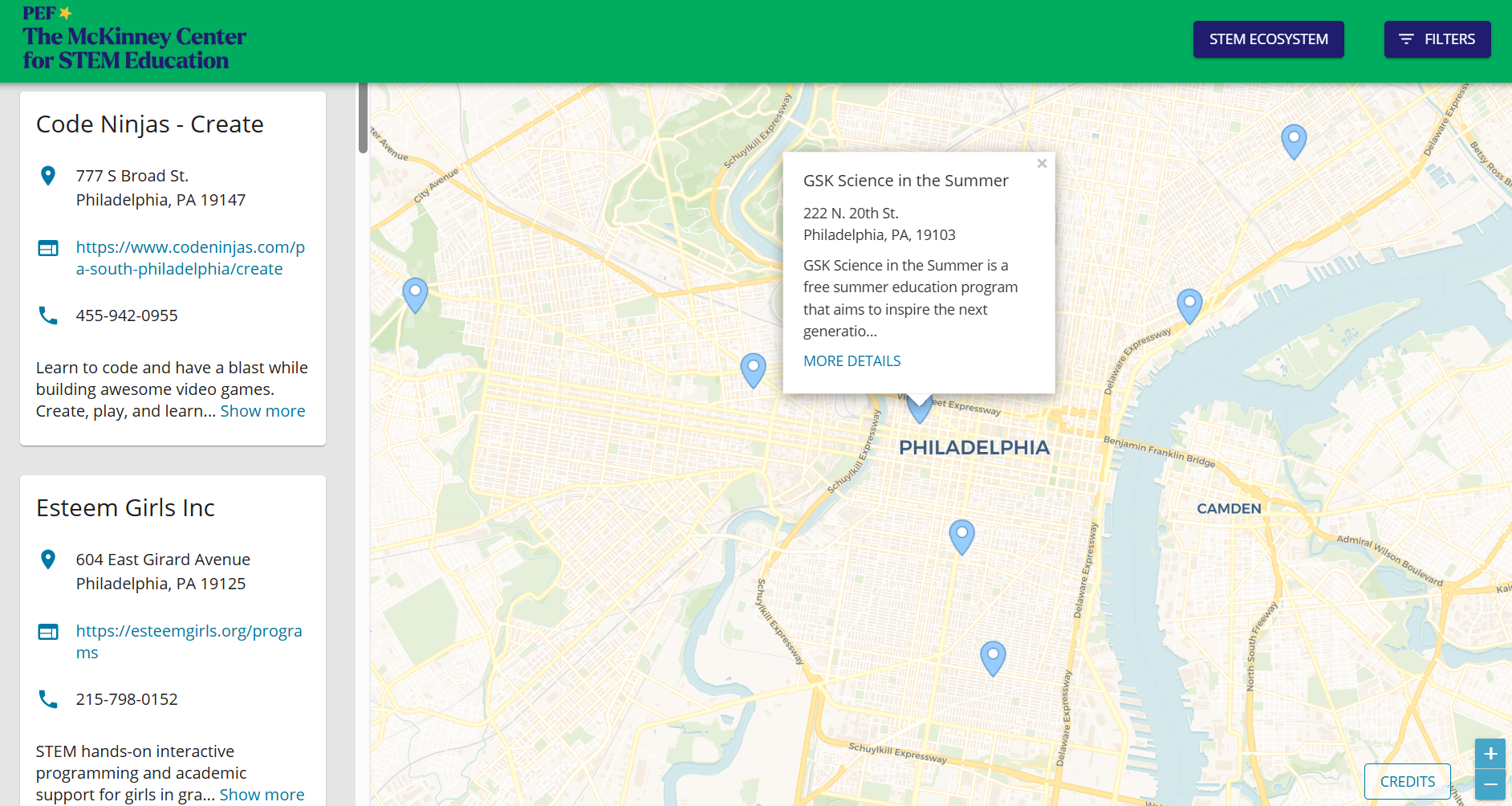 Screenshot of a map of Philadelphia with pop-up details for "GSK Science in the Summer" STEM program, and a sidebar listing STEM organizations with addresses and website links.
