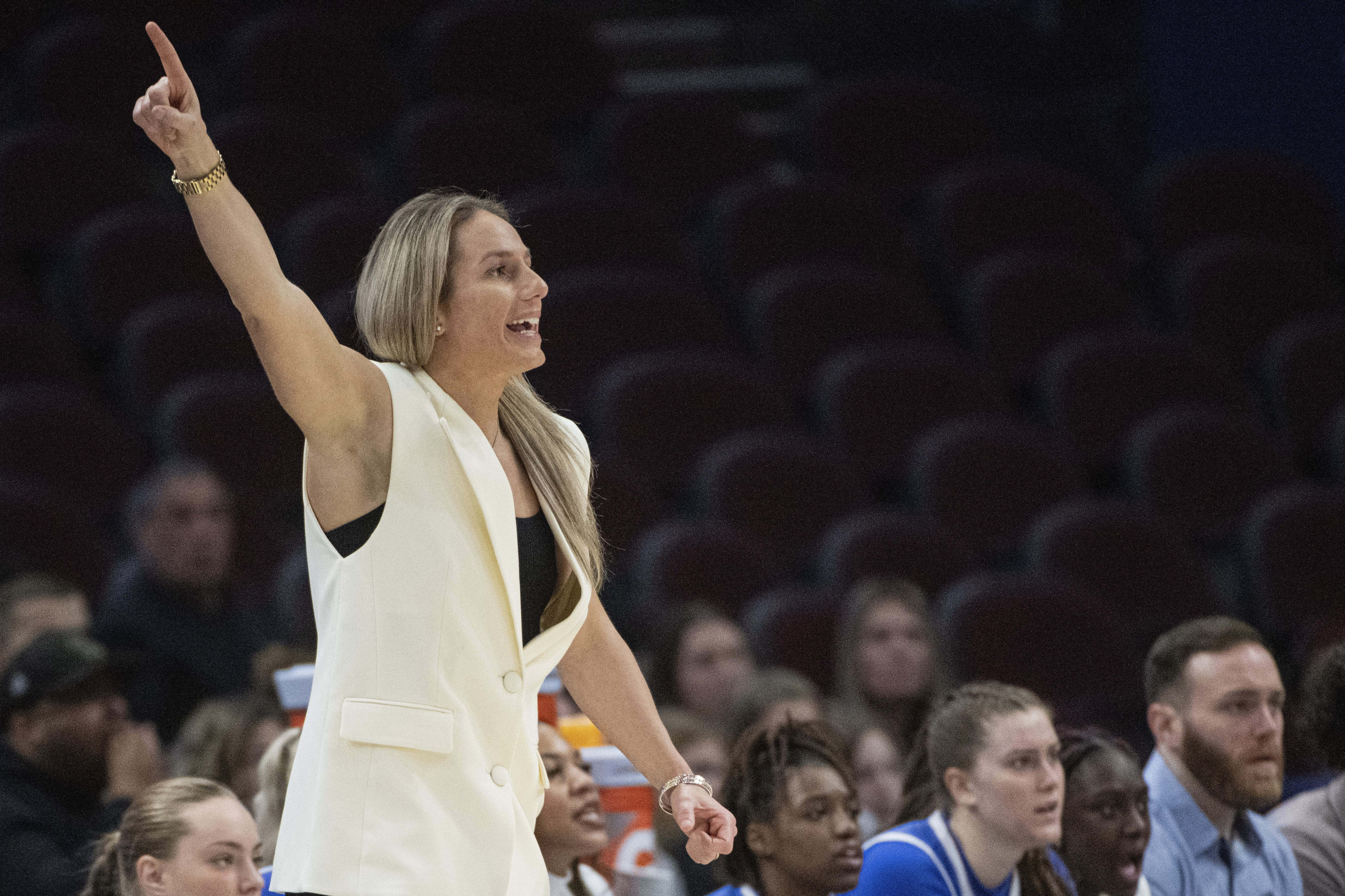 Buffalo’s head coach Becky Burke instructs her team against Kent...