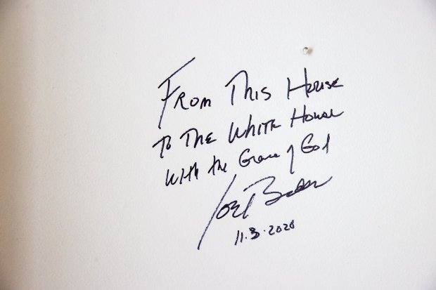 A note written by President-Elect Joe Biden on Election Day is seen on the wall of Anne Kearns' Green Ridge home, the childhood home of the President-Elect, in Scranton on Thursday, Jan. 7, 2021.