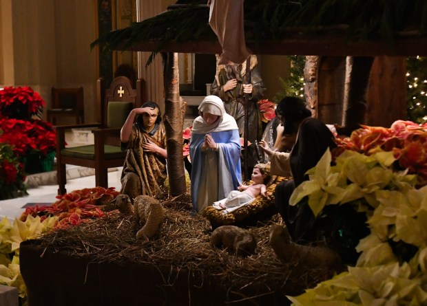 A nativity scene is set up during Christmas Eve Pontifical Mass on at St. Peter's Cathedral in Scranton Wednesday, December 24, 2025. (SEAN MCKEAG / STAFF PHOTOGRAPHER)