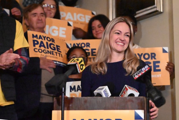 Mayor Paige Cognetti announces her reelection victory during her election party at Bukatini in Scranton on Tuesday, Nov. 04, 2025. (REBECCA PARTICKA/STAFF PHOTOGRAPHER)