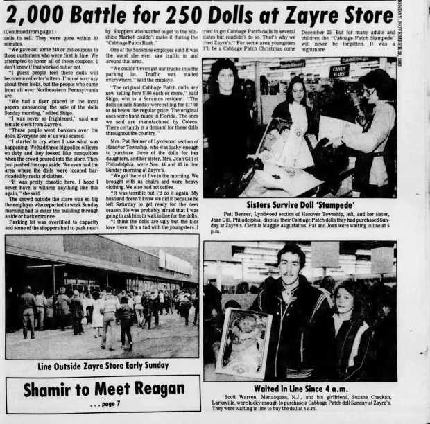 Newspaper coverage of the Cabbage Patch riot, which is mentioned in a new documentary on Christmas in the 1980s.