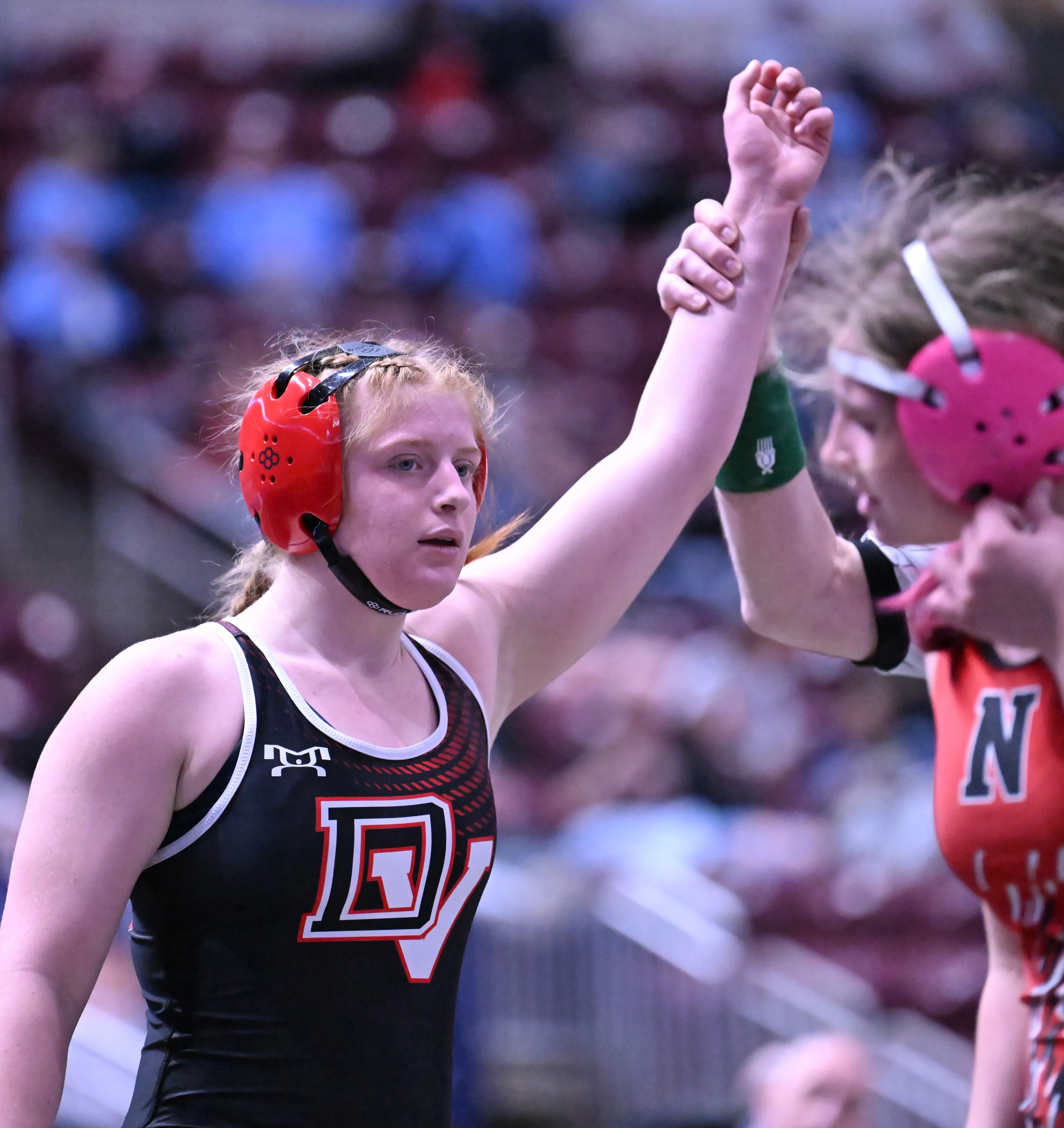 Delaware Valley’s Kate Prior gets her hand raised after she...
