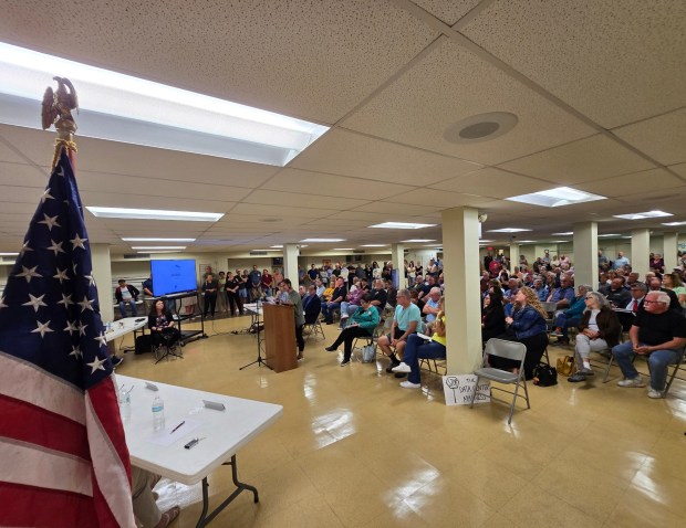 At least 200 concerned residents packed a data center zoning hearing at St. Thomas Aquinas Church, Archbald, on Monday, Sept. 29, 2025. (FRANK WILKES LESNEFSKY / STAFF PHOTO)