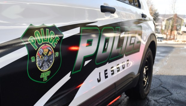 The new graphics are shown on the side of the new vehicle at the Jessup Police Department. (SEAN MCKEAG / STAFF PHOTOGRAPHER)