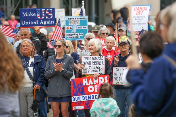 Protestors gather on Courthouse Square in Scranton for a 'No Kings' protest in Scranton on Saturday, June 14, 2025. (JASON ARDAN / STAFF PHOTOGRAPHER)