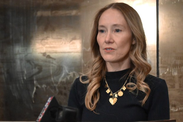 Children's Advocacy Center of NEPA executive director Meghan Lennox Gagorik spoke during the Pinwheels for Prevention event at the Lackawanna County Courthouse in Scranton on Tuesday, April 1, 2025. The event kicked off Child Abuse and Sexual Assault Awareness Month. (REBECCA PARTICKA/STAFF PHOTOGRAPHER)