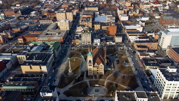 A view of downtown Scranton looking down on Courthouse Square. (SEAN MCKEAG / STAFF PHOTOGRAPHER)