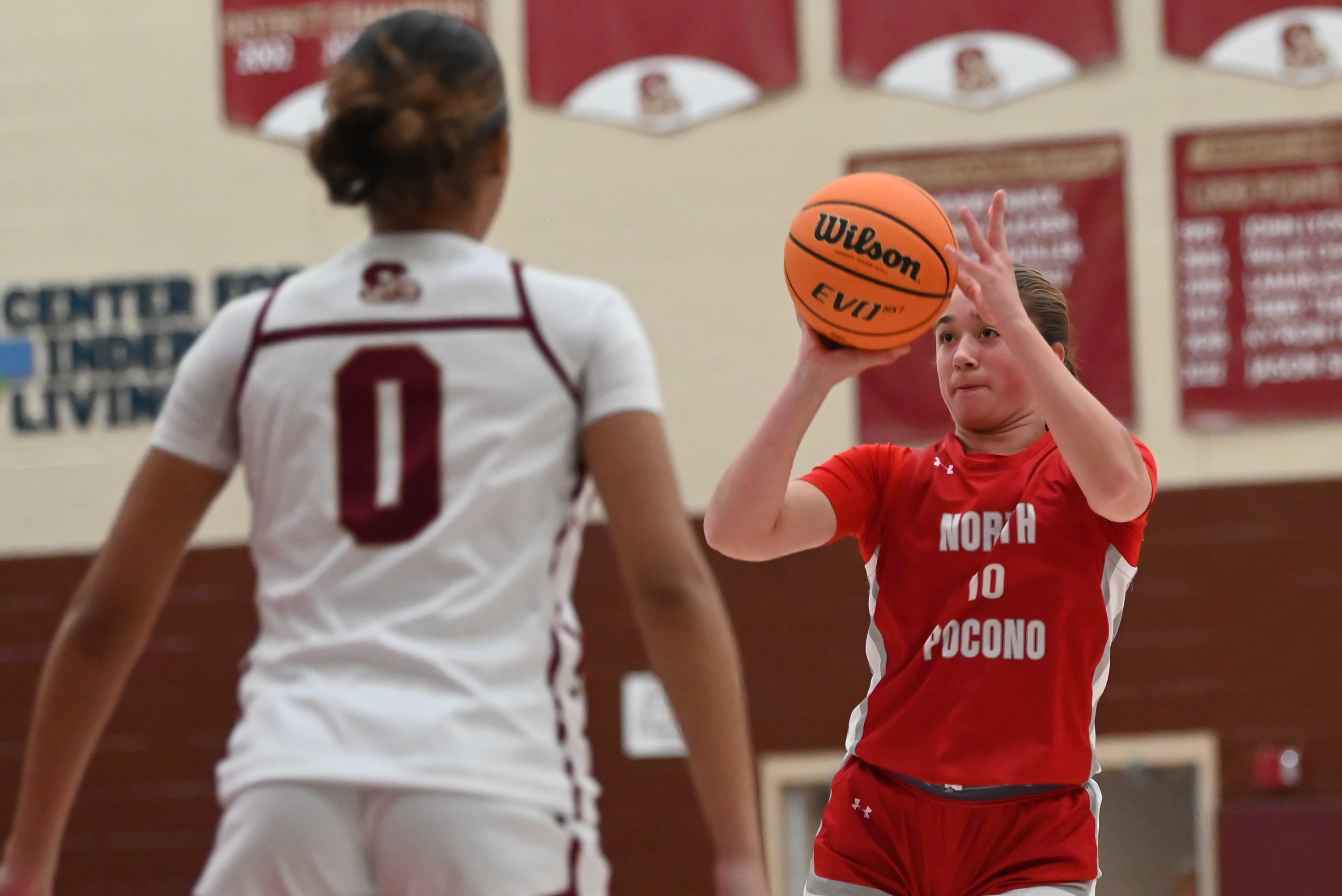 North Pocono’s Ella Clementoni shoots during the basketball game at...