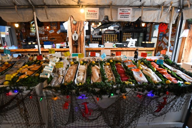 A variety of seafood options are for sale at the outdoor seafood market at Cooper's Seafood House in Scranton Tuesday, December 30, 2025. (SEAN MCKEAG / STAFF PHOTOGRAPHER)
